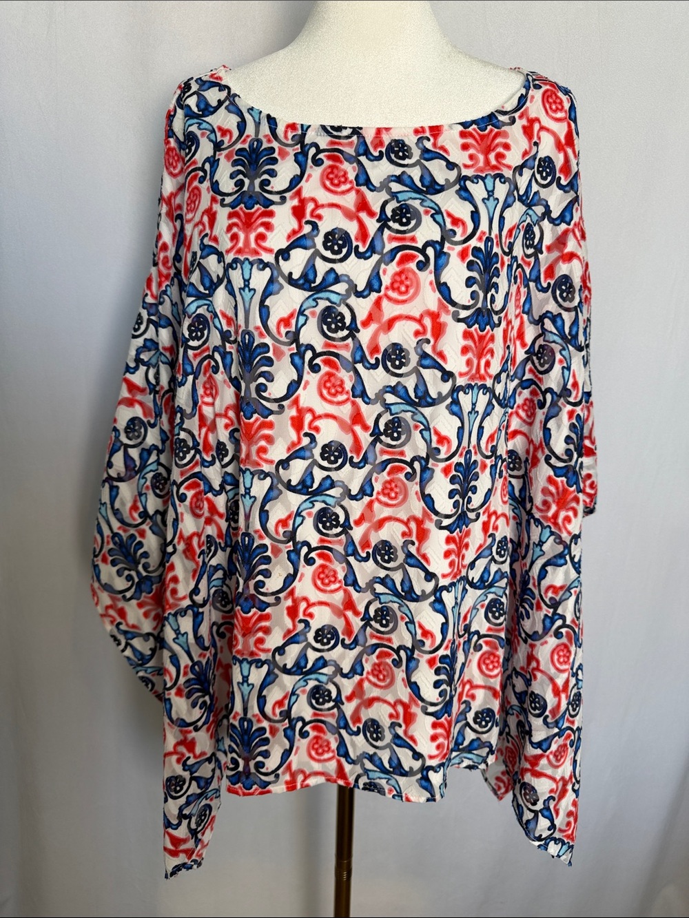 Chico's Sheer Boat Neck Red White Blue Floral Scroll Print Poncho W/ Tank SZ L